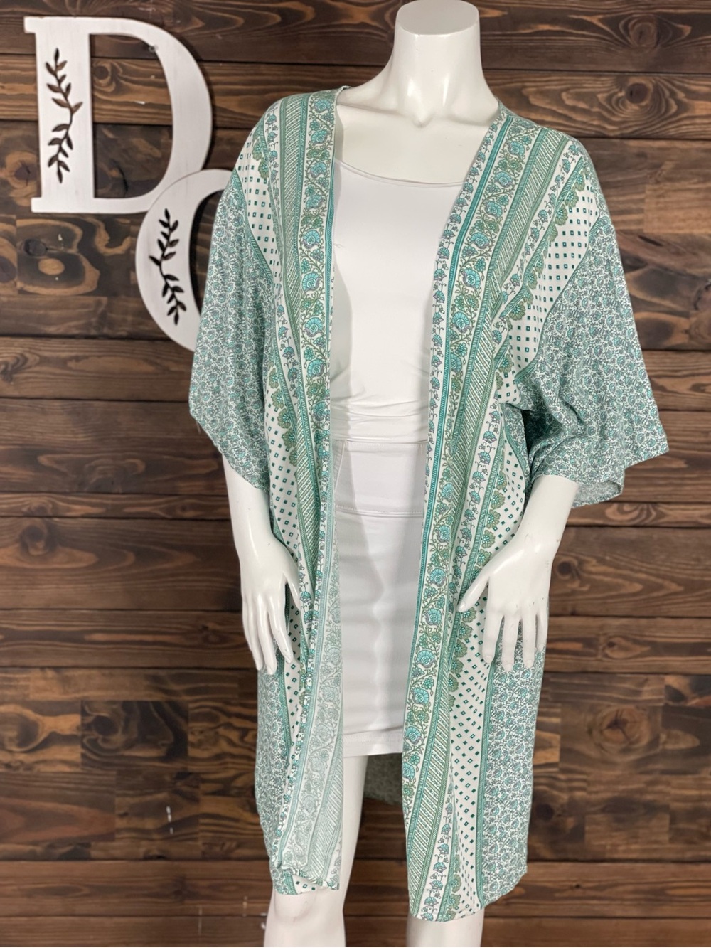 Earthbound | Long Duster Cardigan Light Teal Printed Kimono Cape Floral Lavender